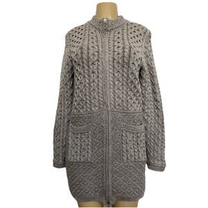 Aran Crafts Irish Cable Knit Sweater Coat Zip Fisherman Wool Gray Cardigan S